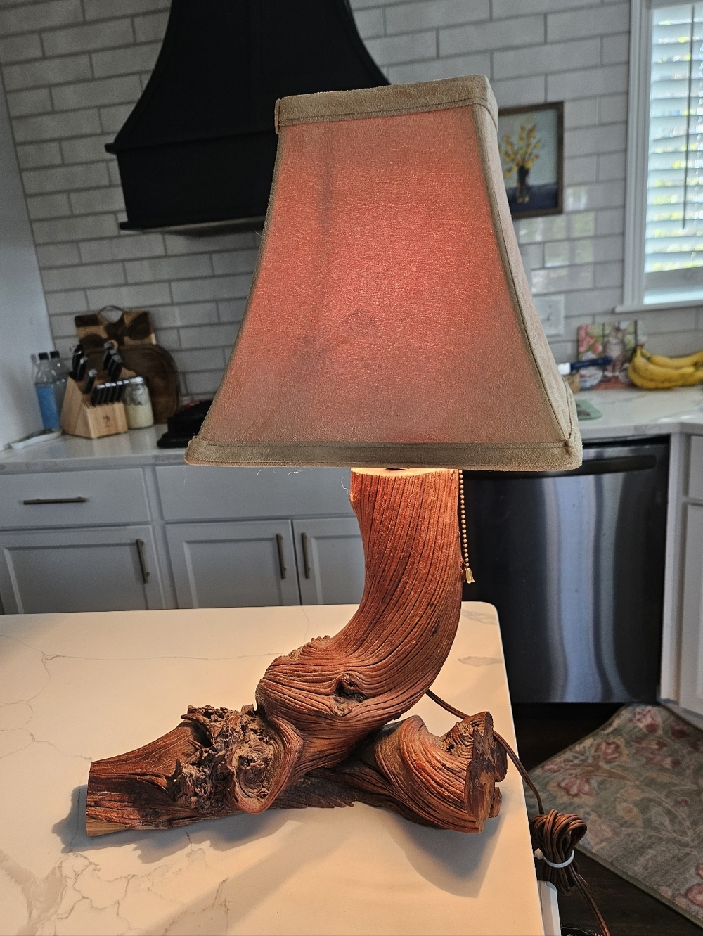 Rustic Driftwood Table Lamp with Beige Shade Mid Century Modern